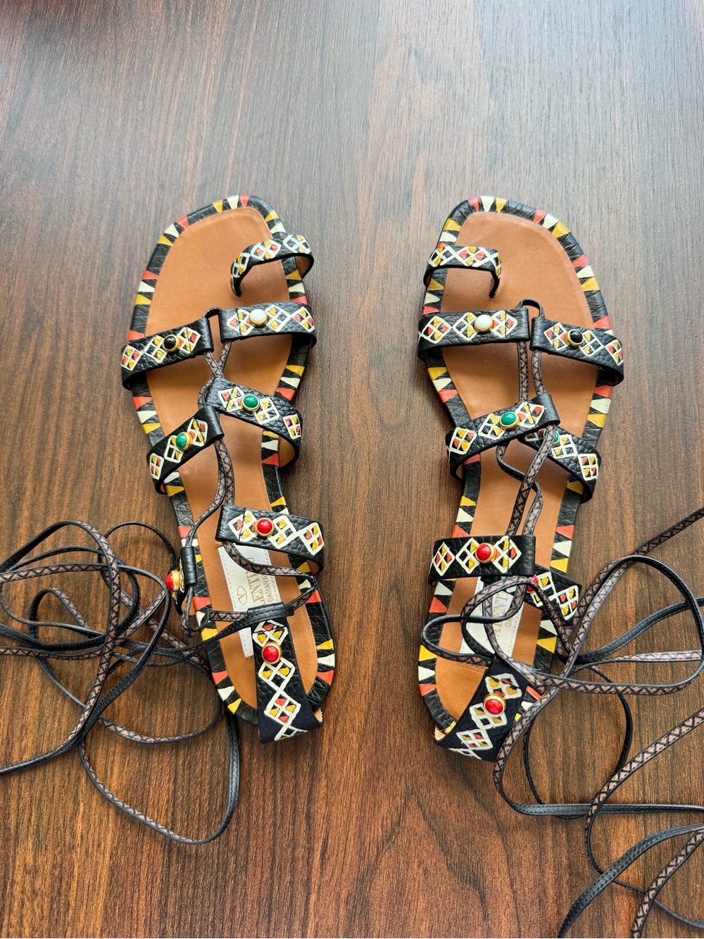 VALENTINO Stone Embellished Lace Up Sandals Size 7 / EU 37 Black Gladiator